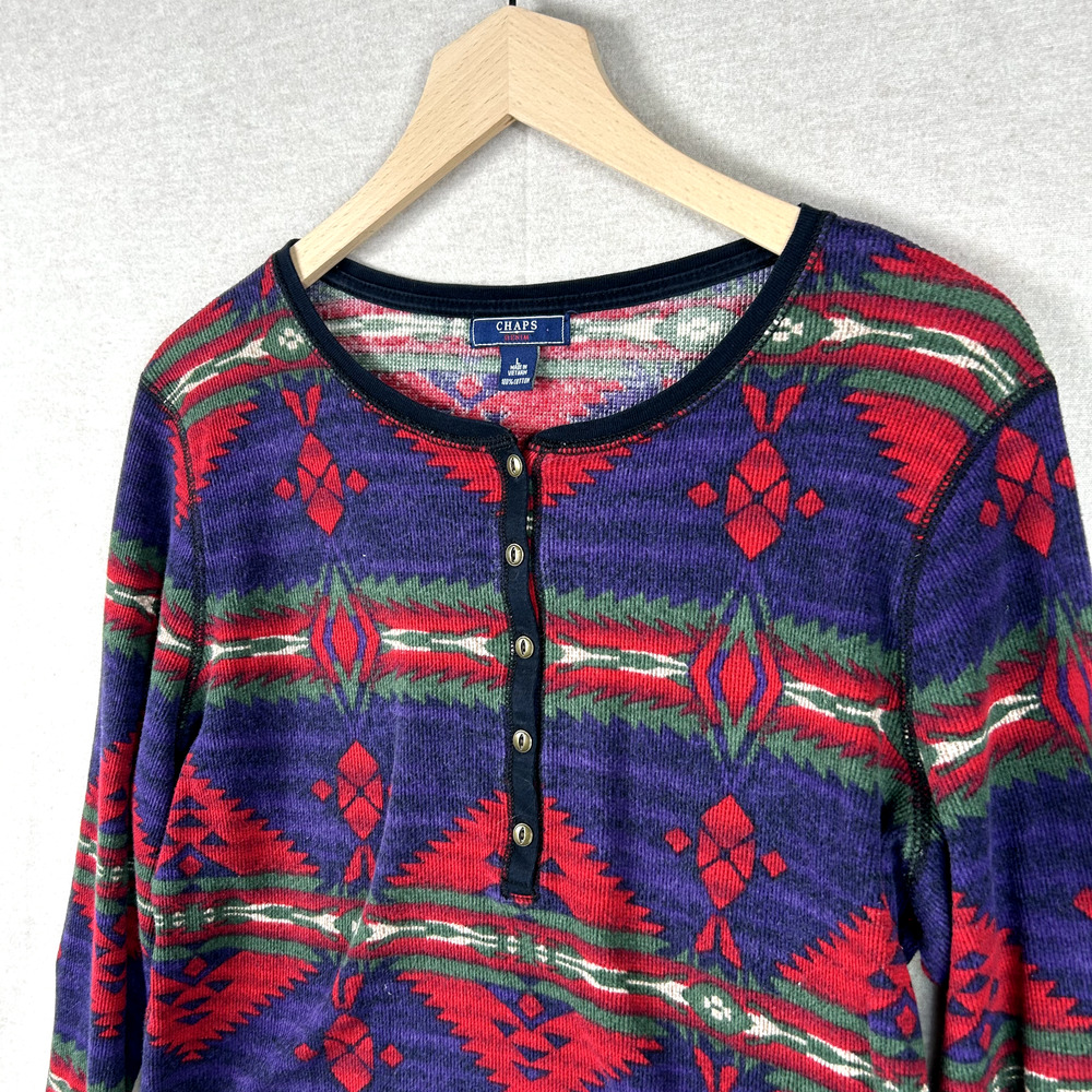 Vintage Chaps Ralph Lauren Women Thermal Henley Aztec Print Top Large Tribal Y2K - Picture 2 of 8